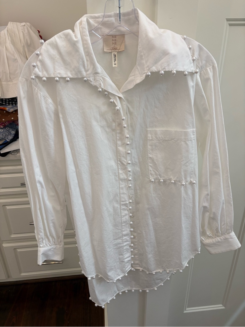 Anthropologie White Button-Down Shirt with Pearl Trim